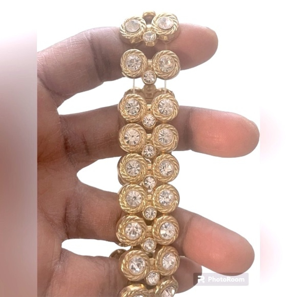 Gold Layered Round Rhinestone Formal Stretch Bracelet - Picture 4 of 5